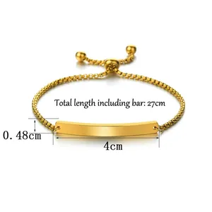 Detail of adjustable gold stainless steel bar bracelet with size dimensions 27cm