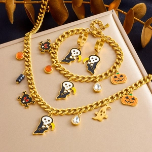 Halloween Jewelry Stainless Steel Enamel Ghost Skull Pumpkin Grim Reaper Pendant Necklace Bracelet Earrings Women Fashion