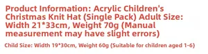 Size chart for adult and kids knitted Christmas hats showing dimensions and weight details