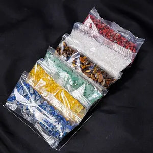 Detailed set of six bags with diverse natural crushed crystals for DIY and home decoration