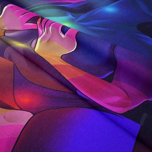 Close-up of plush decorative tapestry fabric with purple and magenta gradient texture