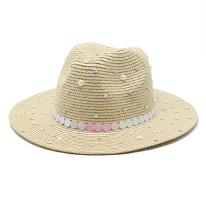 British style straw fedora hat with pearls and iridescent sequins for sun protection