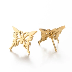 Gold butterfly stud earrings with hollow wings and polished stainless steel finish