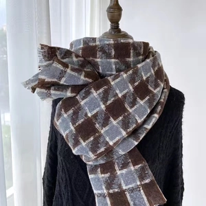 Plaid houndstooth winter scarf with tassels, thick warm knit wrap for women in brown and gray