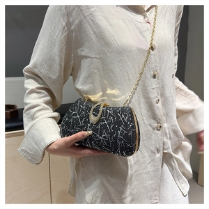 Model holding black marble evening bag with gold horseshoe buckle and chain strap