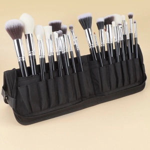 25-piece professional makeup brush set with black travel organizer bag and soft bristles