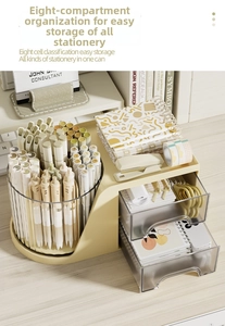 Close-up of rotating 8-grid pen organizer with dual translucent storage drawers