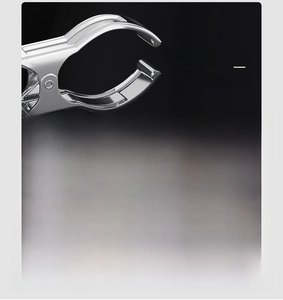 Polished stainless steel laundry clips with smooth edges in various sizes on black background