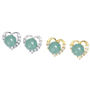 S925 silver heart stud earrings with green gemstones and zircons in gold and silver
