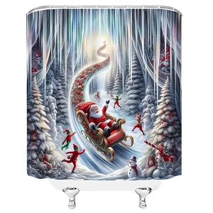 Waterproof Christmas shower curtain featuring Santa, reindeer, and elves in a snowy forest