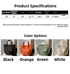 Detailed size chart and four available colors for this large nylon shoulder tote bag