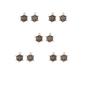 Detailed view of ten black enamel spider web pendants with gold alloy metal frames