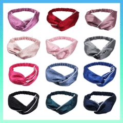 Grid display of coral fleece headbands in twelve assorted solid colors and soft textures