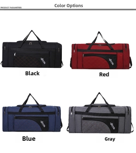 Detail view of large capacity foldable travel bags in black, red, blue, and grey options