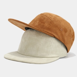 Retro faux suede 5-panel camper baseball hats in caramel brown and light grey colors