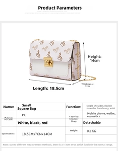 Detailed spec sheet of white PU leather crossbody bag with golden horse print and dimensions