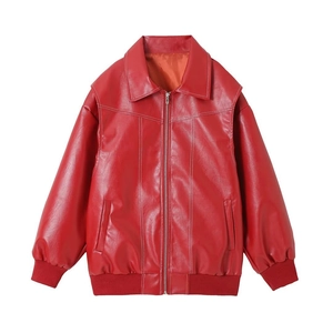 Women fashion red PU leather moto jacket with lapel collar and front zipper closure