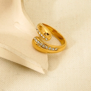 Elegant 18k gold plated stainless steel teardrop cross open ring with sparkling cubic zirconia