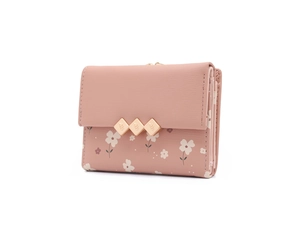 Pink floral print small tri-fold wallet featuring three golden leaf metal accents