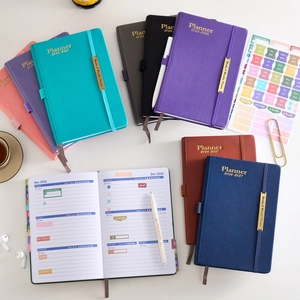 Faux leather 2026-2027 weekly and monthly planner with color-coded stickers and pen