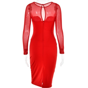 Rear view of red dress with sheer mesh sleeves, back cutout, and zipper detail