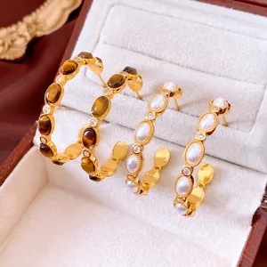 Vintage 18K Gold Plated C-Shaped Hoop Earrings With Faux Artificial Pearl Tiger Eye Stone Zircon Silver Earring Post For Women