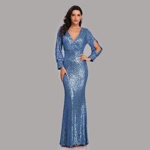 Elegant Sequin Evening Gown Long Sleeve Deep V Neck Mermaid Banquet Party Floor Length Formal Dress For Women