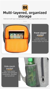 Detail view of large gray thermal backpack with multi-layer storage and orange lining
