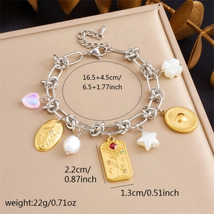 Elegant gold and silver geometric charm bracelet with pearls and adjustable chain