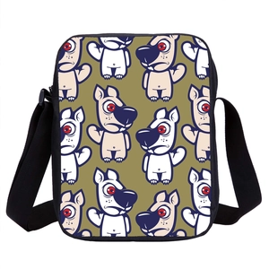 Cartoon dog print shoulder bag for students in olive green with black strap