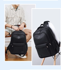 Black durable nylon backpack with multi-pocket design shown in lifestyle and product views