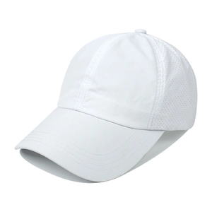 Close-up of white ponytail baseball cap with breathable mesh and fine brim stitching