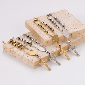 Hip hop style stainless steel rosary beads bracelet set with crucifix and medal charms