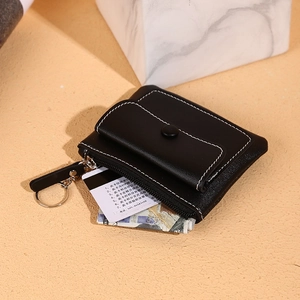 Slim black leather coin purse with zipper pocket, snap button card slot and key ring