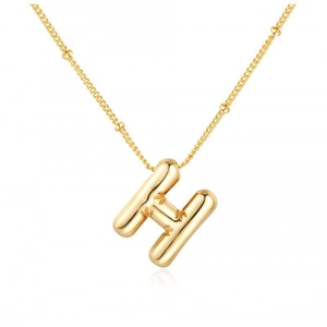 Gold finish necklace with puffy balloon-style letter H pendant on a beaded chain