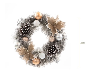 Detail of 40cm silver Christmas wreath with pine cones and ornaments on white background