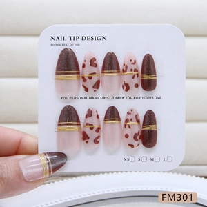 Reddish-brown cat eye and leopard print press-on nails with golden line accents