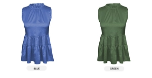 Detail view of sleeveless ruffled tops in blue and green with subtle leopard pattern