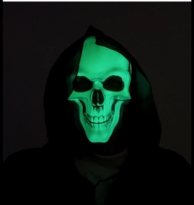 Detail of luminous green skull mask with glowing LED effect for Halloween parties