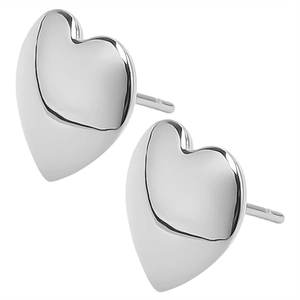 Detailed view of silver heart-shaped 304 stainless steel stud earrings on white background