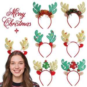Close-up of festive Christmas headbands featuring reindeer antlers and sequins with bells