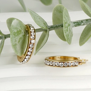 18K gold plated stainless steel hoop earrings with sparkling white crystals for women