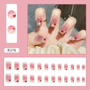 Glossy pink gradient heart pattern ballet shape press-on nails kit with 24 tips set