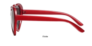 Detail view of heart-shaped sunglasses featuring bright red frames and dark grey lenses