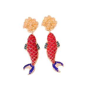 Elegant Chinese style carp tassel earrings with red enamel fish and golden floral studs