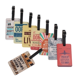Set of 8 vintage PU leather luggage tags with various retro prints and black straps