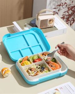 Detail of blue bento box with five compartments for organized meal prep and food storage