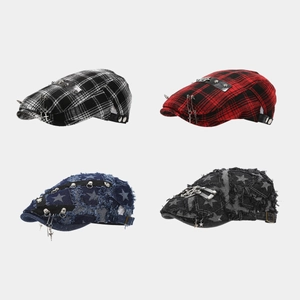 Punk Beret Hat Denim Plaid With Metal Cross Pendants Distressed Newsboy Cap Streetwear Unisex Hip Hop Rock Style