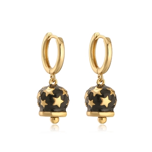 Star pattern black enamel bell earrings in gold plating hanging from round hoops