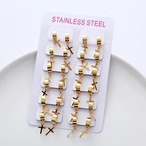 Minimalist Polished Stainless Steel C-Shaped Cross Pendant Hoop Earrings For Women Gold Plated Jesus Cross Earrings